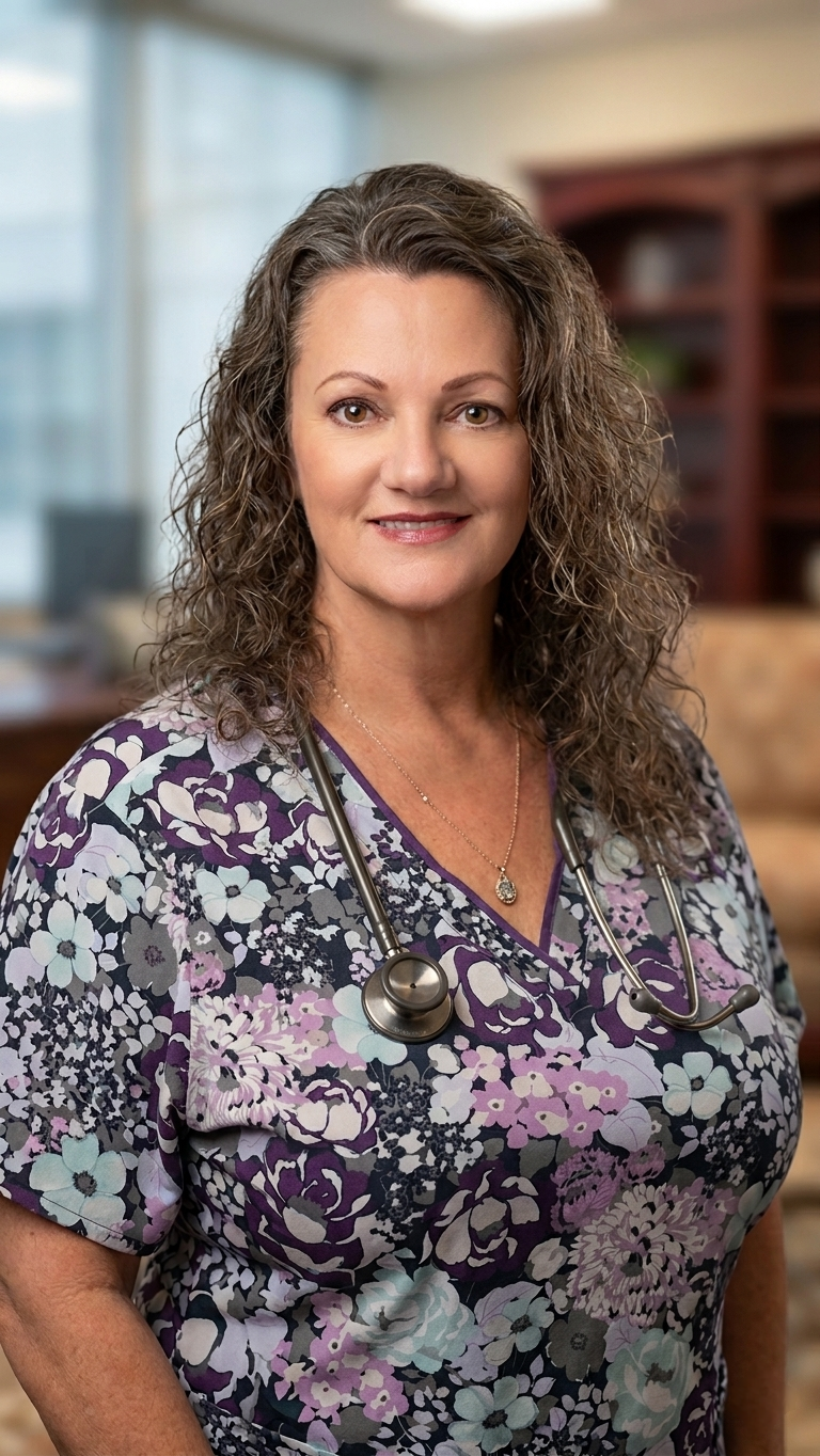 Marcia Sandelman, R.N. — Founder of Duo Dynamics AI, standing in a medical office